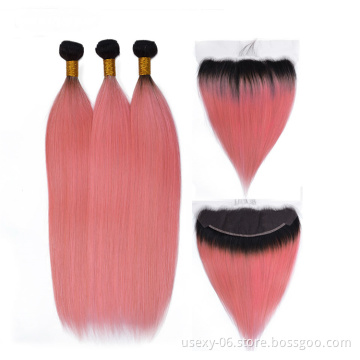 Wholesale Raw Indian Hair Unprocessed Virgin Human Hair Extensions Ombre 1b/pink Hair Bundles With Frontal